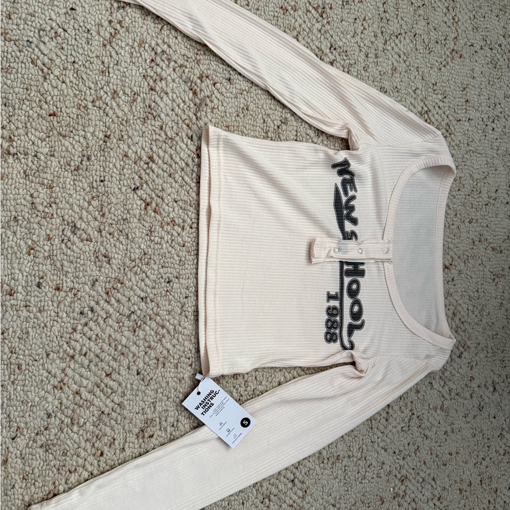 NWT Y2K downtown Emmiol Cream Long Sleeve Henley Top with Graphic